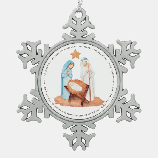 Nativiteit in een gevaarlijke caroltekst tin sneeuwvlok ornament (Voorkant)