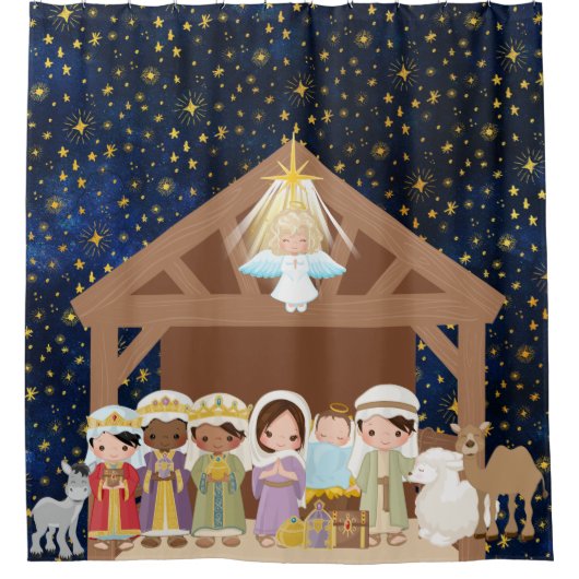 Nativiteit Jesus Manger Three Wise Mannen Shower Douchegordijn (Voorkant)
