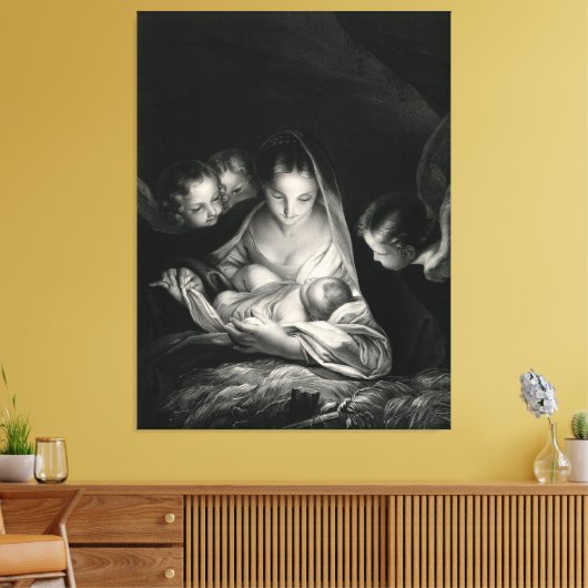 Nativiteit Jesus Virgin Mary Angels Black White Canvas Afdruk (Insitu (Woonkamer))