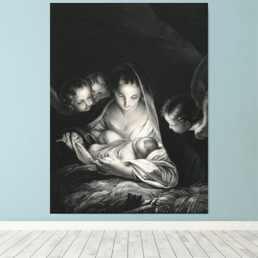 Nativiteit Jesus Virgin Mary Angels Black White Canvas Afdruk (Insitu (Houten vloer))