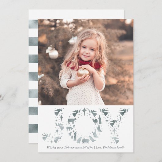 Nativiteit kerstkaart JOY Faux Silver Foil (Voorkant / Achterkant)