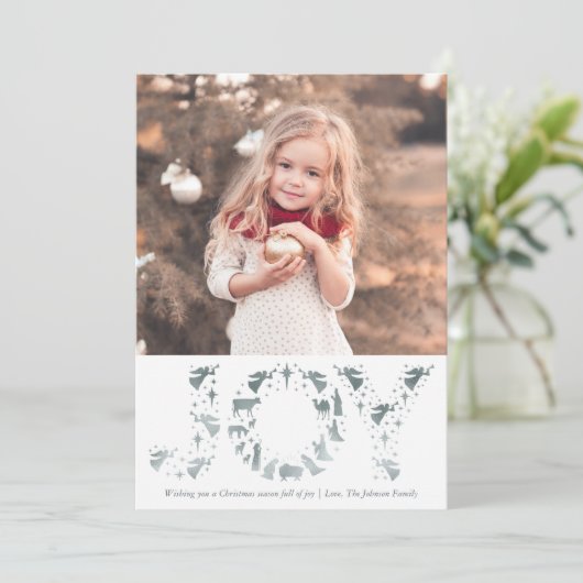 Nativiteit kerstkaart JOY Faux Silver Foil (Staand voorkant)