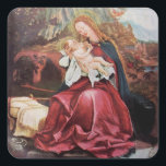 NATIVITEIT MET ANGELS - MAGISCH VAN CHRISTMAS VIERKANTE STICKER<br><div class="desc">De kleurrijke en magische sfeer van de kerst van de Duitse schilder Matthias Grunewald ,  Details from Second state of the Isenheim Altarpart , expressive and intense style of late medieval Central European art into the 16th eeuw.Oil on wood.</div>