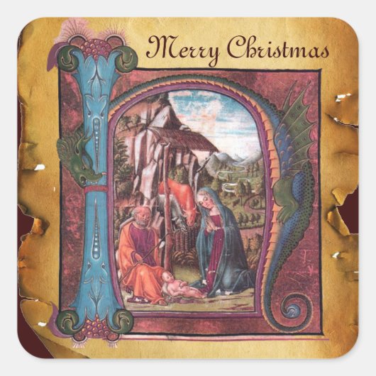 NATIVITEIT MONOGRAM CHRISTMAS PARCHCHCHMENT VIERKANTE STICKER (Voorkant)