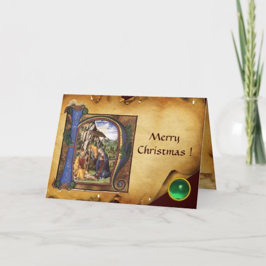 NATIVITEIT MONOGRAM CHRISTMAS PARCHCHMENT Green Ge Feestdagen Kaart (Voorkant)