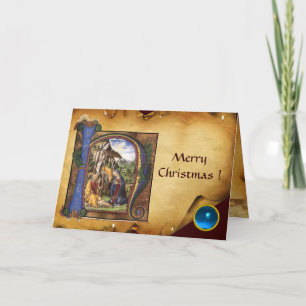 NATIVITEIT MONOGRAM CHRISTMAS PARCHMENT Blue Gem Feestdagen Kaart