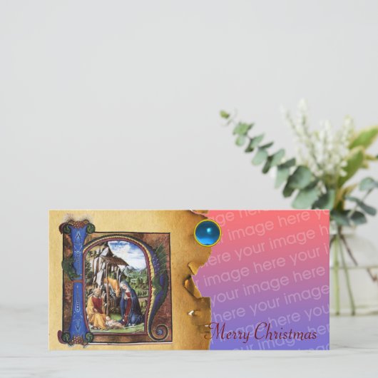 NATIVITEIT MONOGRAM CHRISTMAS PARCHMENT Blue Gem Feestdagenkaart (Staand voorkant)