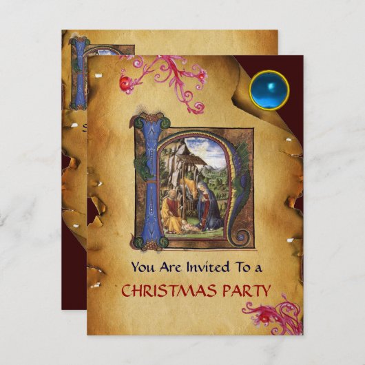 NATIVITEIT MONOGRAM CHRISTMAS PARCHMENT Blue Gem I Kaart (Voorkant / Achterkant)