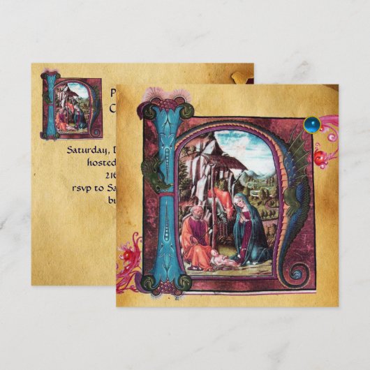 NATIVITEIT MONOGRAM CHRISTMAS PARCHMENT Blue Gem Kaart (Voorkant / Achterkant)