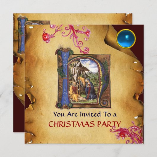 NATIVITEIT MONOGRAM CHRISTMAS PARCHMENT Blue Gem Kaart (Voorkant / Achterkant)