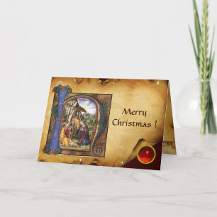 NATIVITEIT MONOGRAM CHRISTMAS PARCHMENT Red Ruby G Feestdagen Kaart