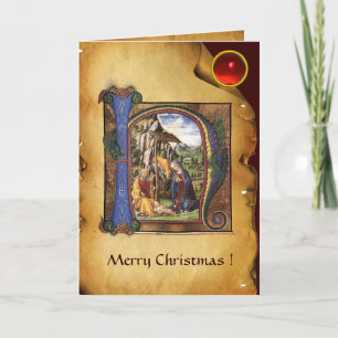 NATIVITEIT MONOGRAM CHRISTMAS PARCHMENT Red Ruby G Feestdagen Kaart