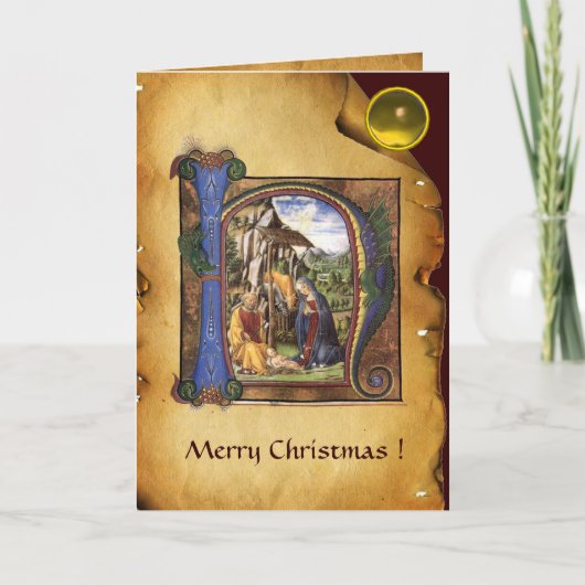 NATIVITEIT MONOGRAM CHRISTMAS PARCHMENT Yellow Gem Feestdagen Kaart (Voorkant)