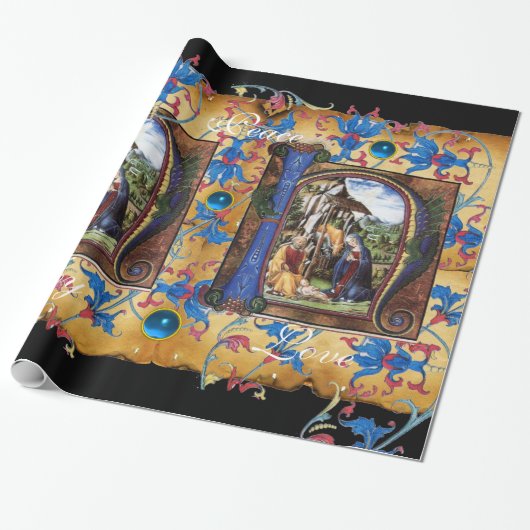 NATIVITEIT MONOGRAM FLORAAL CHRISTMAS PARCHCHMENT CADEAUPAPIER (Uitgerold)