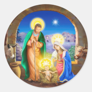 Nativiteit van Jezus met Josef en Mary, koeien, do Ronde Sticker