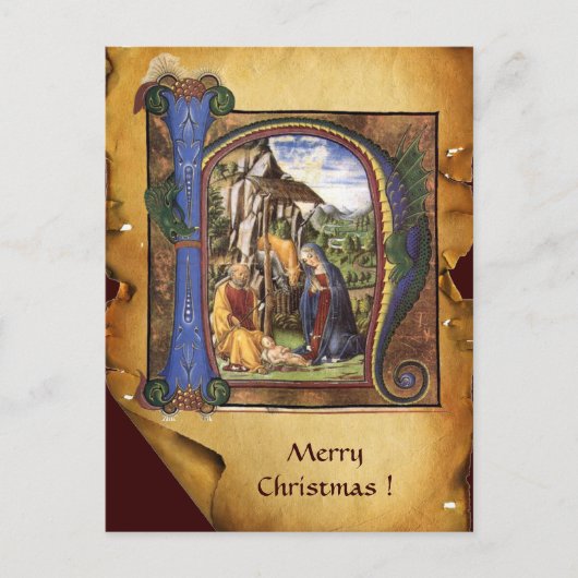NATIVITEIT XMAS PARCHMENT Blue Sapphire Monogram Feestdagenkaart (Voorkant)