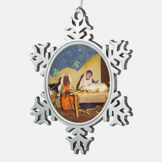Nativiteitscène Jezus Mary Joseph stabiele kerst Tin Sneeuwvlok Ornament (Rechts)