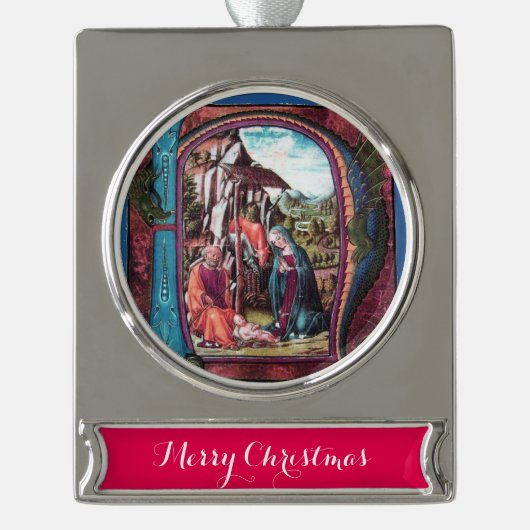NATIVITEITSCHRISTMAS PARCHMENT MONOGRAM Pink Blue Verzilverd Banner Ornament (Voorkant)