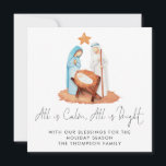Nativiteitsscène alles is een kalm feestdag notitiekaartje<br><div class="desc">Alles is kalm en alles is een heldere minimalistische vakantievakantie-Kaart. Een prachtige eenvoudige Scène van de Nativiteit en een lijn van de carol Zilzame Night in een elegant vastgesteld manuscript op een witte achtergrond voor een eigentijdse voelen. Pas uw begroeting en namen onderaan eenvoudig aan. De coördinerende blauwe achtergrond aan...</div>