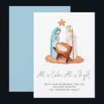 Nativiteitsscène alles is kalm kerstfeest feestdagenkaart<br><div class="desc">Nativiteitsscène alles is een mooie kerst. Een mooie eenvoudige Nativiteitsscène en een lijn van de carol Silent Night, allen is Calm, allen is Helder, in een elegant geplaatst manuscript op een witte achtergrond voor een hedendaags gevoel. Pas uw begroeting en namen onderaan eenvoudig aan. De coördinerende blauwe achtergrond aan de...</div>