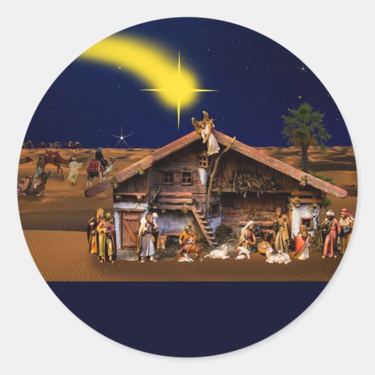 Nativiteitsscène bij middernacht in Bethlehem Desi Ronde Sticker (Voorkant)