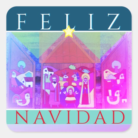 Nativiteitsscène "Feliz Navidad" Vierkante Sticker (Voorkant)