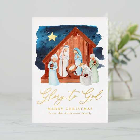 Nativiteitsscène Glory naar God Folie Feestdagenkaart (Staand Voorkant)