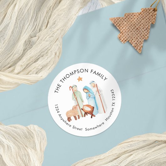 Nativiteitsscène met Shepherd Return Name Address Ronde Sticker