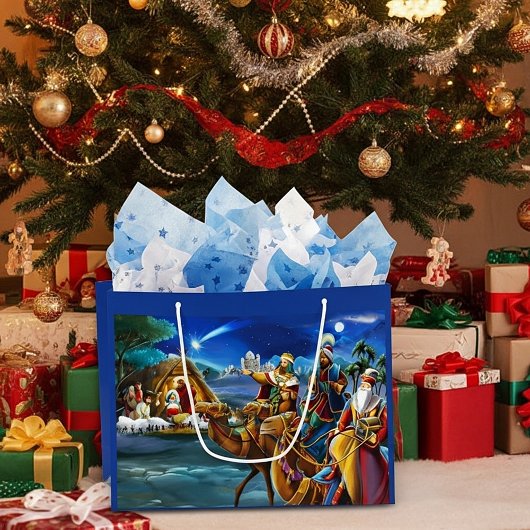 Nativiteitsscène met wijze mannen kerstfeestdag groot cadeauzakje