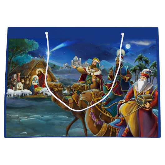 Nativiteitsscène met wijze mannen kerstfeestdag groot cadeauzakje (Voorkant)