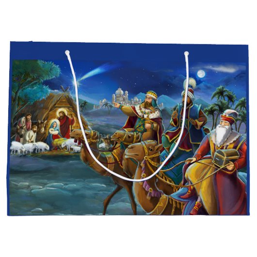 Nativiteitsscène met wijze mannen kerstfeestdag groot cadeauzakje (Achterkant)