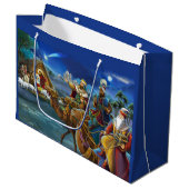 Nativiteitsscène met wijze mannen kerstfeestdag groot cadeauzakje (Voorkant Gekanteld)