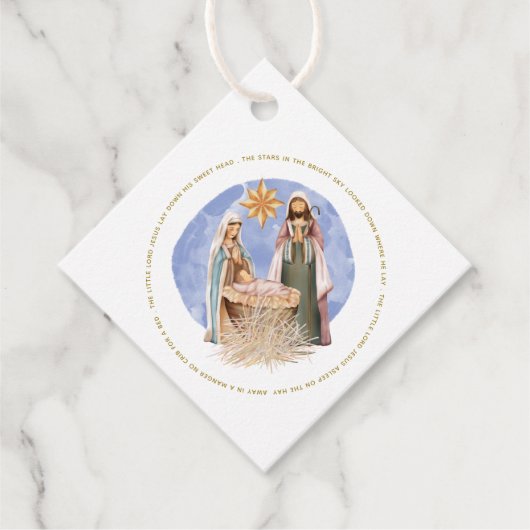 Nativiteitsscène weg in een gevaarlijke tekst van  bedankjes labels (Voorkant)