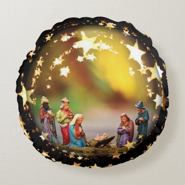 Nativiteitsscène Wieg Maagd Mary Jesus Joseph King Rond Kussen (Voorkant)