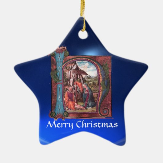 NATIVITY PARCHMENT STAR Blue Gemstone Monogram Keramisch Ornament (Achterkant)