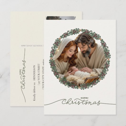 Nativity Scene Baby Jesus in the Manger Your Photo Feestdagenkaart (Voorkant / Achterkant)