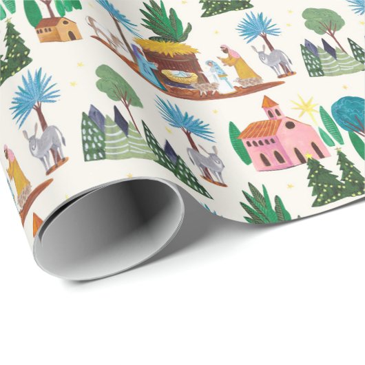 Nativity Scene Ecru Hand drawn Christmas Cadeaupapier (Rol Hoek)