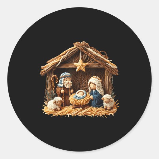 Nativity Scene Faux Yarn Crochet Jesus Christmas R Ronde Sticker (Voorkant)