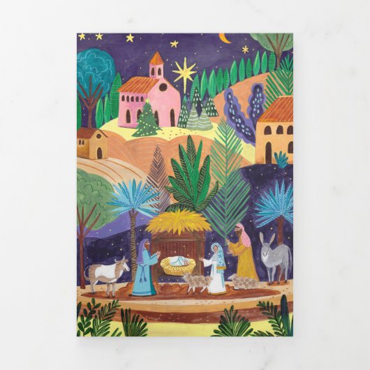 Nativity Scene Religious Family Photo Christmas Drieluik Uitnodiging (Cover)