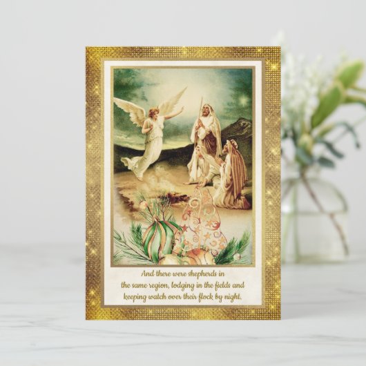 Nativity Shepherds & Angels Golden Christmas Kaart (Staand voorkant)