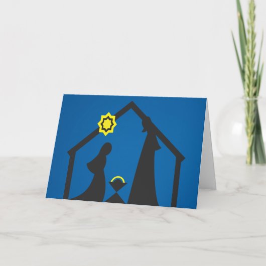 Nativity Silhouette Christmas Kaart Zwart op Blauw (Voorkant)