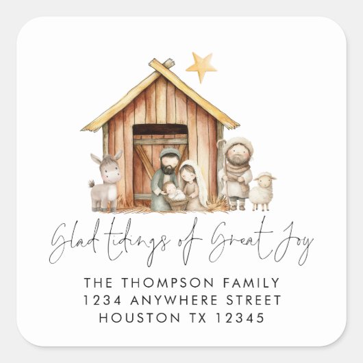 Nativity Stable Scene Carol Songtekst Terug Adres Vierkante Sticker (Voorkant)