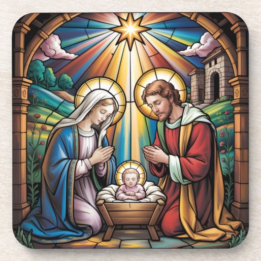 Nativity Stained Glass Art – Holy Family Christmas Bier Onderzetter (Voorkant)