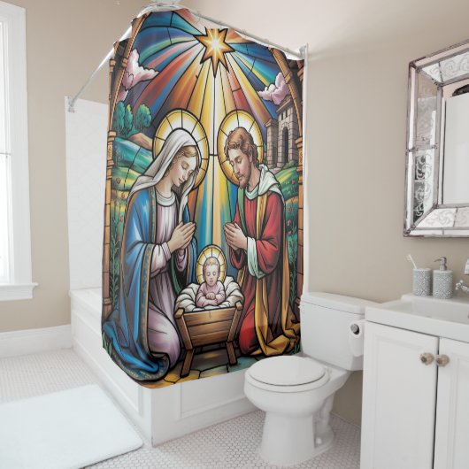 Nativity Stained Glass Art – Holy Family Christmas Douchegordijn (In situ)
