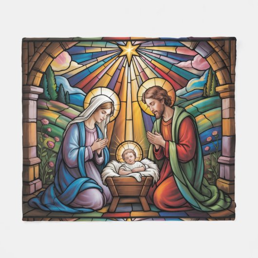 Nativity Stained Glass Art – Holy Family Christmas Fleece Deken (Voorkant (Horizontaal))
