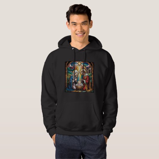 Nativity Stained Glass Art – Holy Family Christmas Hoodie (Voorkant volledig)
