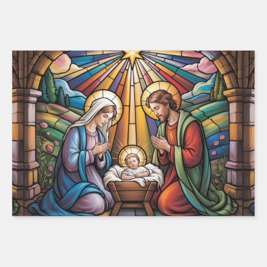 Nativity Stained Glass Art – Holy Family Christmas Inpakpapier Vel (Voorkant)