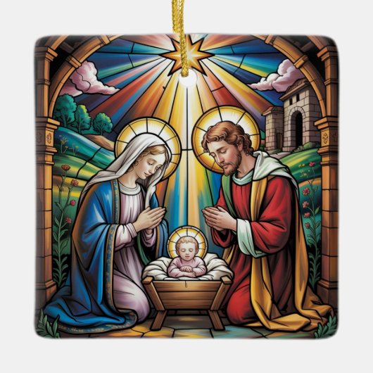 Nativity Stained Glass Art – Holy Family Christmas Keramisch Ornament (Voorkant)