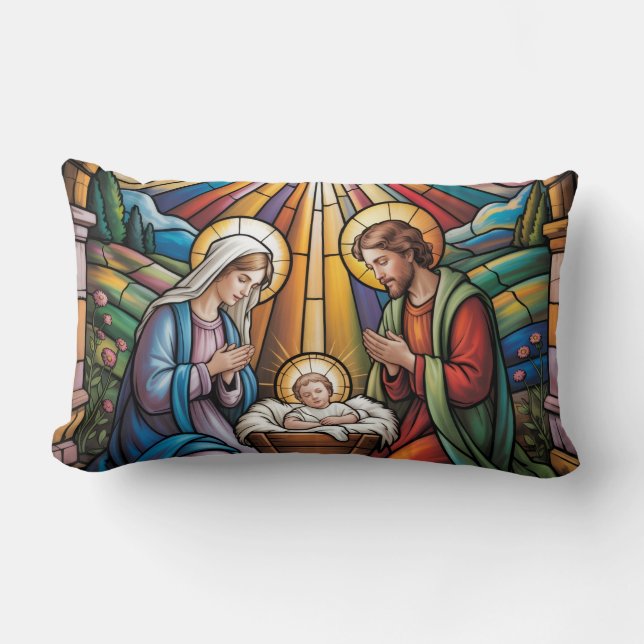 Nativity Stained Glass Art – Holy Family Christmas Kussen (Voorkant)