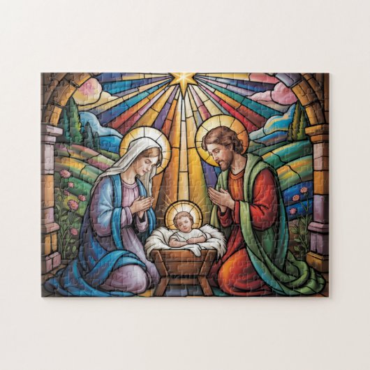Nativity Stained Glass Art – Holy Family Christmas Legpuzzel (Horizontaal)